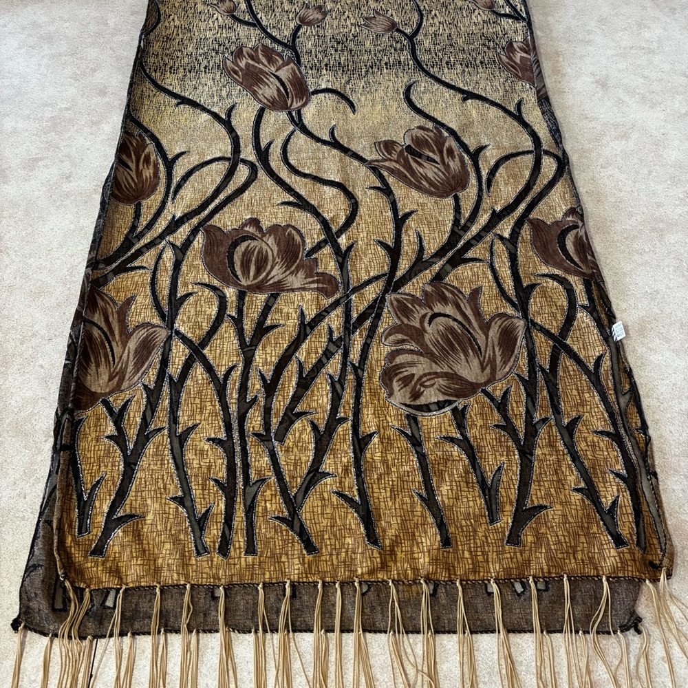 Black & Golden Brown Floral Pattern With Silver Glitter Scarf With Fringe - Picture 2 of 11